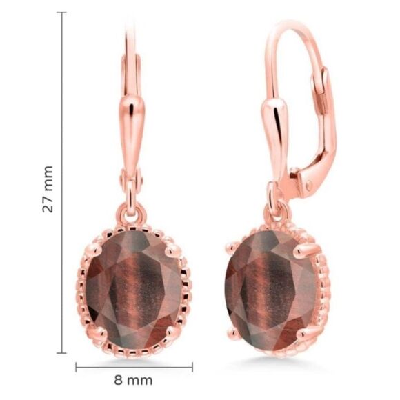 18K Rose Gold 925 with 3.00 Cttw Red Tiger Eye Oval Leverback Hook Earrings - Picture 4 of 4